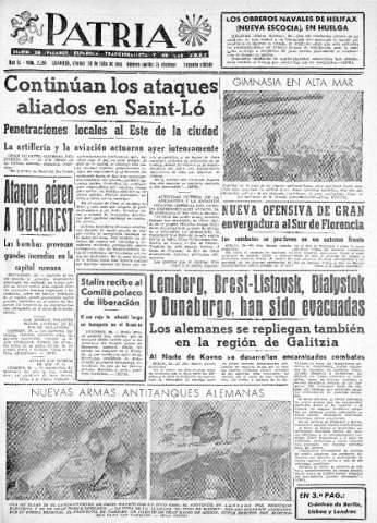 'Patria  : diario de Falange Española Tradicionalista y de las J.O.N.S.' - Año IX Número 2394 2ª ed. - 1944 Julio 28