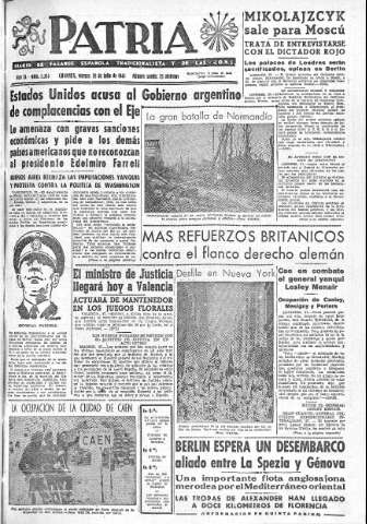 'Patria  : diario de Falange Española Tradicionalista y de las J.O.N.S.' - Año IX Número 2394  - 1944 Julio 28