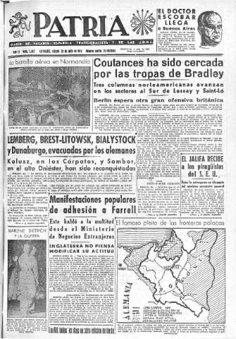 'Patria  : diario de Falange Española Tradicionalista y de las J.O.N.S.' - Año IX Número 2395  - 1944 Julio 29