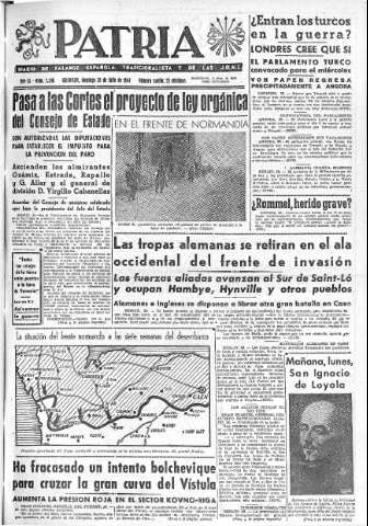 'Patria  : diario de Falange Española Tradicionalista y de las J.O.N.S.' - Año IX Número 2396  - 1944 Julio 30
