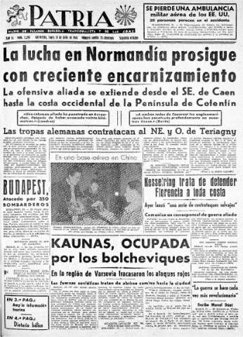 'Patria  : diario de Falange Española Tradicionalista y de las J.O.N.S.' - Año IX Número 2396 2ª ed. - 1944 Julio 31
