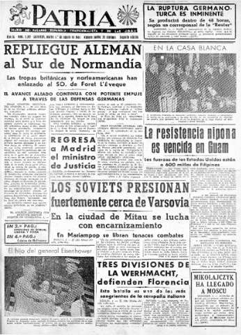 'Patria  : diario de Falange Española Tradicionalista y de las J.O.N.S.' - Año IX Número 2397 2ª ed. - 1944 Agosto 01