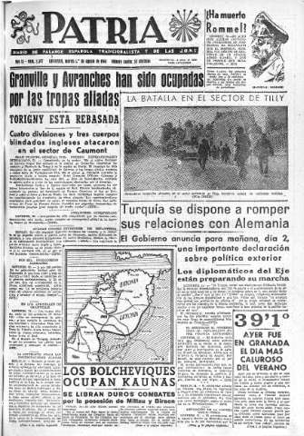 'Patria  : diario de Falange Española Tradicionalista y de las J.O.N.S.' - Año IX Número 2397  - 1944 Agosto 01