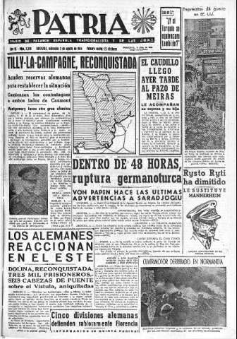 'Patria  : diario de Falange Española Tradicionalista y de las J.O.N.S.' - Año IX Número 2398  - 1944 Agosto 02