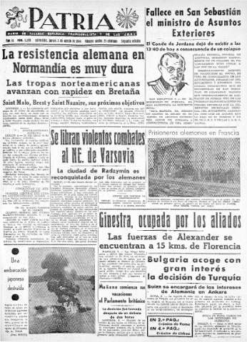 'Patria  : diario de Falange Española Tradicionalista y de las J.O.N.S.' - Año IX Número 2399 2ª ed. - 1944 Agosto 03