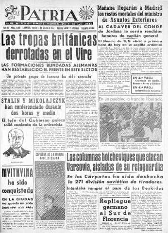 'Patria  : diario de Falange Española Tradicionalista y de las J.O.N.S.' - Año IX Número 2400 2ª ed. - 1944 Agosto 04