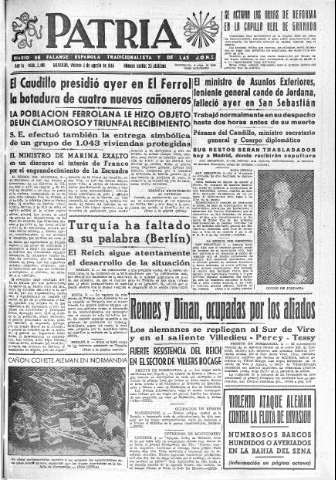 'Patria  : diario de Falange Española Tradicionalista y de las J.O.N.S.' - Año IX Número 2400  - 1944 Agosto 04
