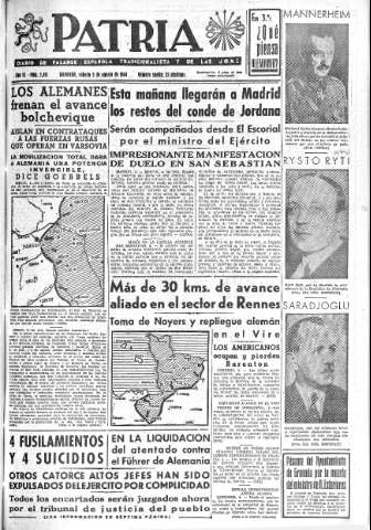 'Patria  : diario de Falange Española Tradicionalista y de las J.O.N.S.' - Año IX Número 2401  - 1944 Agosto 05