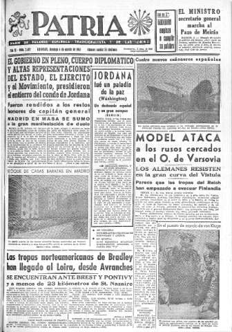 'Patria  : diario de Falange Española Tradicionalista y de las J.O.N.S.' - Año IX Número 2402  - 1944 Agosto 06