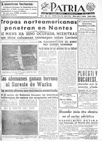 'Patria  : diario de Falange Española Tradicionalista y de las J.O.N.S.' - Año IX Número 2405 2ª ed. - 1944 Agosto 10
