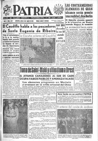 'Patria  : diario de Falange Española Tradicionalista y de las J.O.N.S.' - Año IX Número 2405  - 1944 Agosto 10