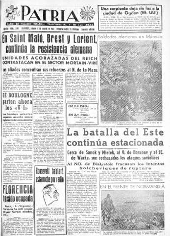 'Patria  : diario de Falange Española Tradicionalista y de las J.O.N.S.' - Año IX Número 2407 2ª ed. - 1944 Agosto 12