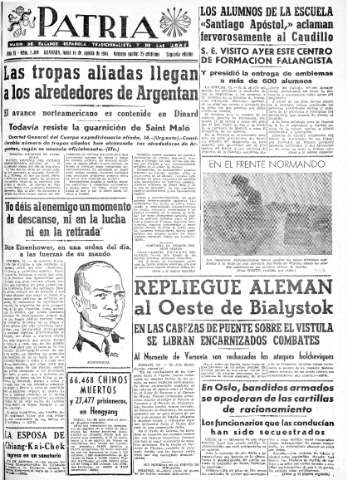 'Patria  : diario de Falange Española Tradicionalista y de las J.O.N.S.' - Año IX Número 2408 2ª ed. - 1944 Agosto 14