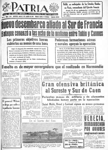 'Patria  : diario de Falange Española Tradicionalista y de las J.O.N.S.' - Año IX Número 2409 2ª ed. - 1944 Agosto 15