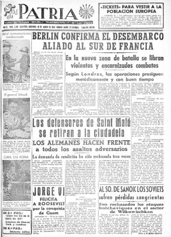 'Patria  : diario de Falange Española Tradicionalista y de las J.O.N.S.' - Año IX Número 2410 2ª ed. - 1944 Agosto 16