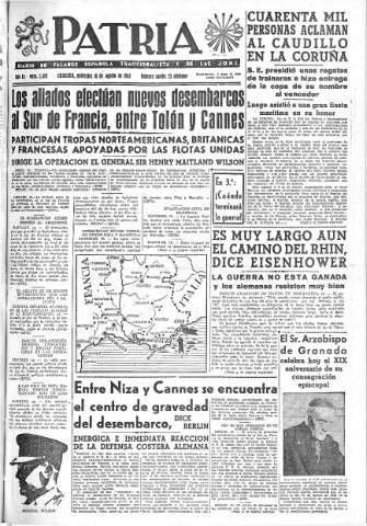 'Patria  : diario de Falange Española Tradicionalista y de las J.O.N.S.' - Año IX Número 2410  - 1944 Agosto 16