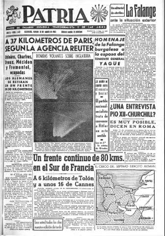 'Patria  : diario de Falange Española Tradicionalista y de las J.O.N.S.' - Año IX Número 2412  - 1944 Agosto 18