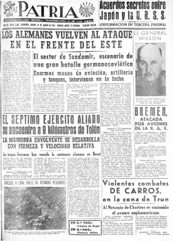 'Patria  : diario de Falange Española Tradicionalista y de las J.O.N.S.' - Año IX Número 2413 2ª ed. - 1944 Agosto 19