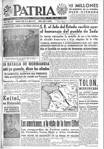 'Patria  : diario de Falange Española Tradicionalista y de las J.O.N.S.' - Año IX Número 2413  - 1944 Agosto 19