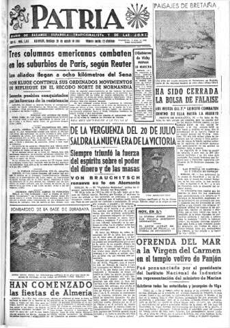 'Patria  : diario de Falange Española Tradicionalista y de las J.O.N.S.' - Año IX Número 2414  - 1944 Agosto 20