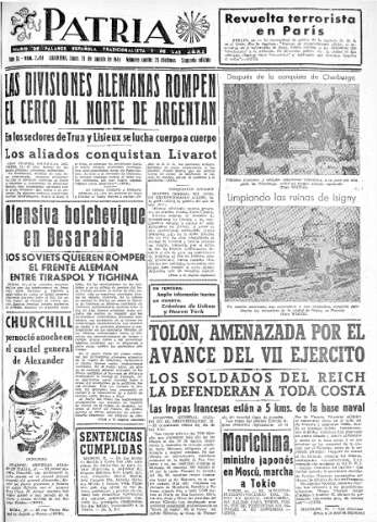 'Patria  : diario de Falange Española Tradicionalista y de las J.O.N.S.' - Año IX Número 2414 2ª ed. - 1944 Agosto 21