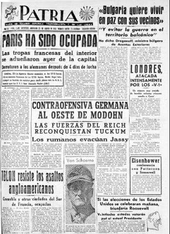 'Patria  : diario de Falange Española Tradicionalista y de las J.O.N.S.' - Año IX Número 2416 2ª ed. - 1944 Agosto 23