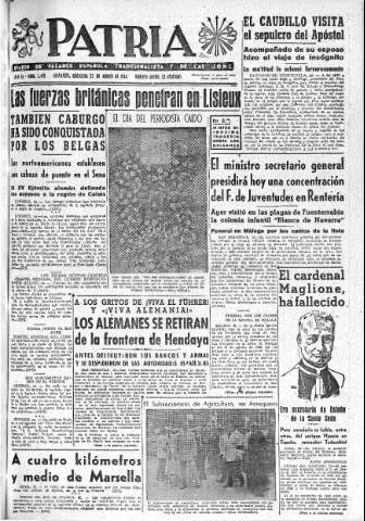 'Patria  : diario de Falange Española Tradicionalista y de las J.O.N.S.' - Año IX Número 2416  - 1944 Agosto 23