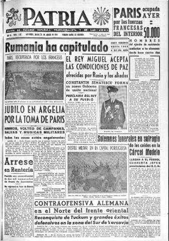'Patria  : diario de Falange Española Tradicionalista y de las J.O.N.S.' - Año IX Número 2417  - 1944 Agosto 24