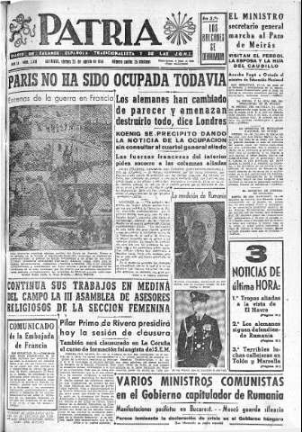 'Patria  : diario de Falange Española Tradicionalista y de las J.O.N.S.' - Año IX Número 2418  - 1944 Agosto 25