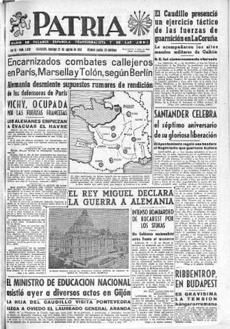 'Patria  : diario de Falange Española Tradicionalista y de las J.O.N.S.' - Año IX Número 2420  - 1944 Agosto 27