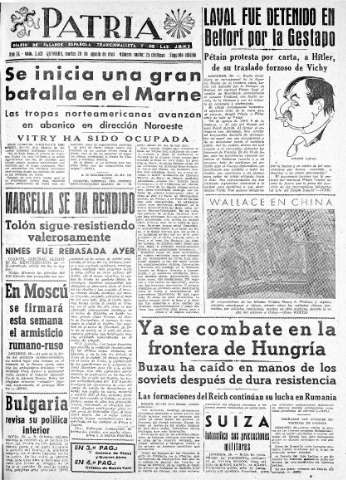 'Patria  : diario de Falange Española Tradicionalista y de las J.O.N.S.' - Año IX Número 2421 2ª ed. - 1944 Agosto 29