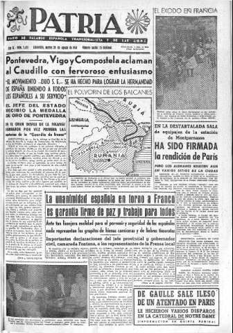 'Patria  : diario de Falange Española Tradicionalista y de las J.O.N.S.' - Año IX Número 2421  - 1944 Agosto 29