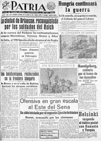 'Patria  : diario de Falange Española Tradicionalista y de las J.O.N.S.' - Año IX Número 2422 2ª ed. - 1944 Agosto 30