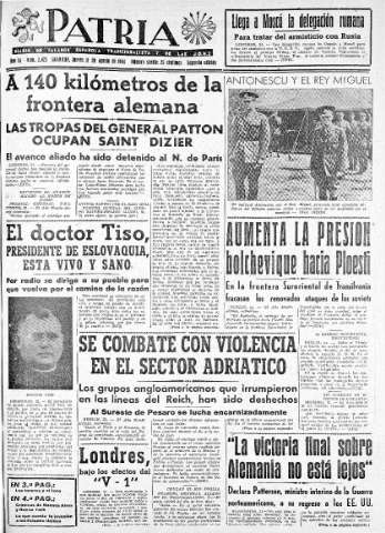 'Patria  : diario de Falange Española Tradicionalista y de las J.O.N.S.' - Año IX Número 2423 2ª ed. - 1944 Agosto 31