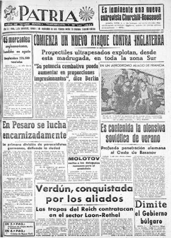 'Patria  : diario de Falange Española Tradicionalista y de las J.O.N.S.' - Año IX Número 2424 2ª ed. - 1944 Septiembre 01