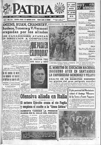 'Patria  : diario de Falange Española Tradicionalista y de las J.O.N.S.' - Año IX Número 2424  - 1944 Septiembre 01