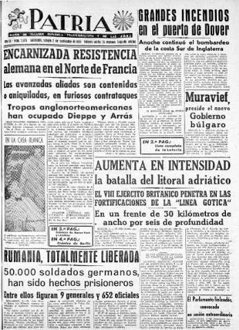 'Patria  : diario de Falange Española Tradicionalista y de las J.O.N.S.' - Año IX Número 2425 2ª ed. - 1944 Septiembre 02