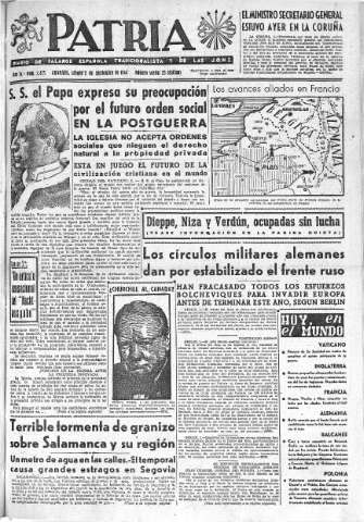 'Patria  : diario de Falange Española Tradicionalista y de las J.O.N.S.' - Año IX Número 2425  - 1944 Septiembre 02