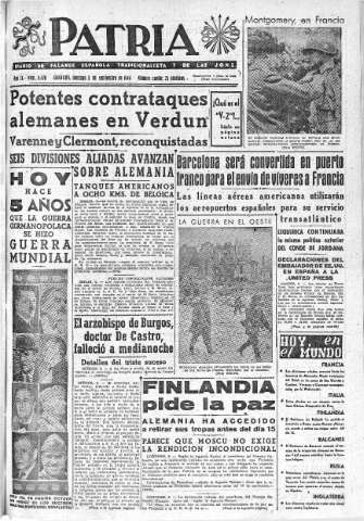 'Patria  : diario de Falange Española Tradicionalista y de las J.O.N.S.' - Año IX Número 2426  - 1944 Septiembre 03