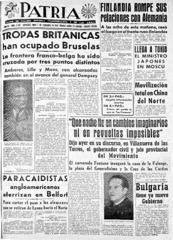 'Patria  : diario de Falange Española Tradicionalista y de las J.O.N.S.' - Año IX Número 2426 2ª ed. - 1944 Septiembre 04