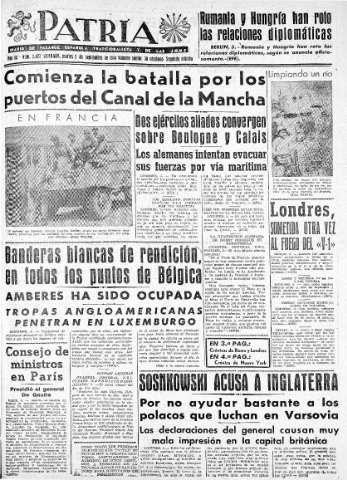 'Patria  : diario de Falange Española Tradicionalista y de las J.O.N.S.' - Año IX Número 2427 2ª ed. - 1944 Septiembre 05