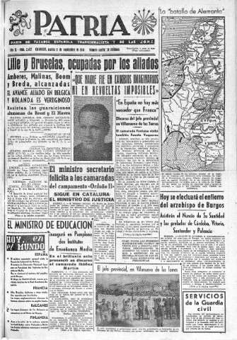 'Patria  : diario de Falange Española Tradicionalista y de las J.O.N.S.' - Año IX Número 2427  - 1944 Septiembre 05