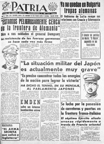 'Patria  : diario de Falange Española Tradicionalista y de las J.O.N.S.' - Año IX Número 2429 2ª ed. - 1944 Septiembre 07