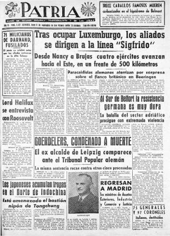 'Patria  : diario de Falange Española Tradicionalista y de las J.O.N.S.' - Año IX Número 2432 2ª ed. - 1944 Septiembre 11