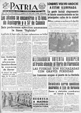 'Patria  : diario de Falange Española Tradicionalista y de las J.O.N.S.' - Año IX Número 2434 2ª ed. - 1944 Septiembre 13