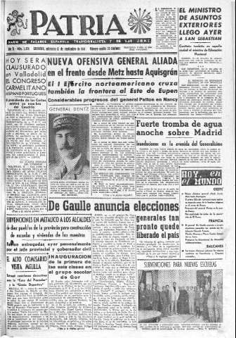 'Patria  : diario de Falange Española Tradicionalista y de las J.O.N.S.' - Año IX Número 2434  - 1944 Septiembre 13