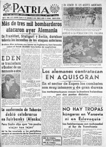 'Patria  : diario de Falange Española Tradicionalista y de las J.O.N.S.' - Año IX Número 2435 2ª ed. - 1944 Septiembre 14
