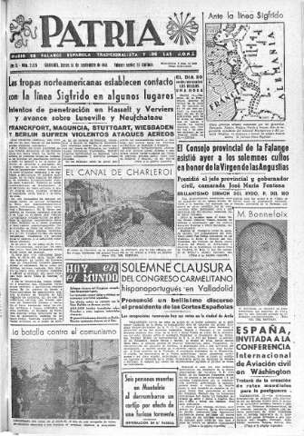 'Patria  : diario de Falange Española Tradicionalista y de las J.O.N.S.' - Año IX Número 2435  - 1944 Septiembre 14