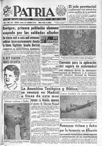 'Patria  : diario de Falange Española Tradicionalista y de las J.O.N.S.' - Año IX Número 2436  - 1944 Septiembre 15