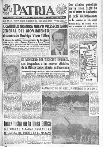 'Patria  : diario de Falange Española Tradicionalista y de las J.O.N.S.' - Año IX Número 2438  - 1944 Septiembre 17